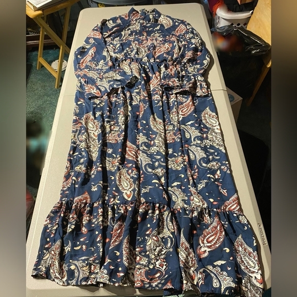 SHEIN Blue Paisley Maxi High Neck Dress Women's 3XL Half Ruffle Sleeve Casual - Picture 1 of 4